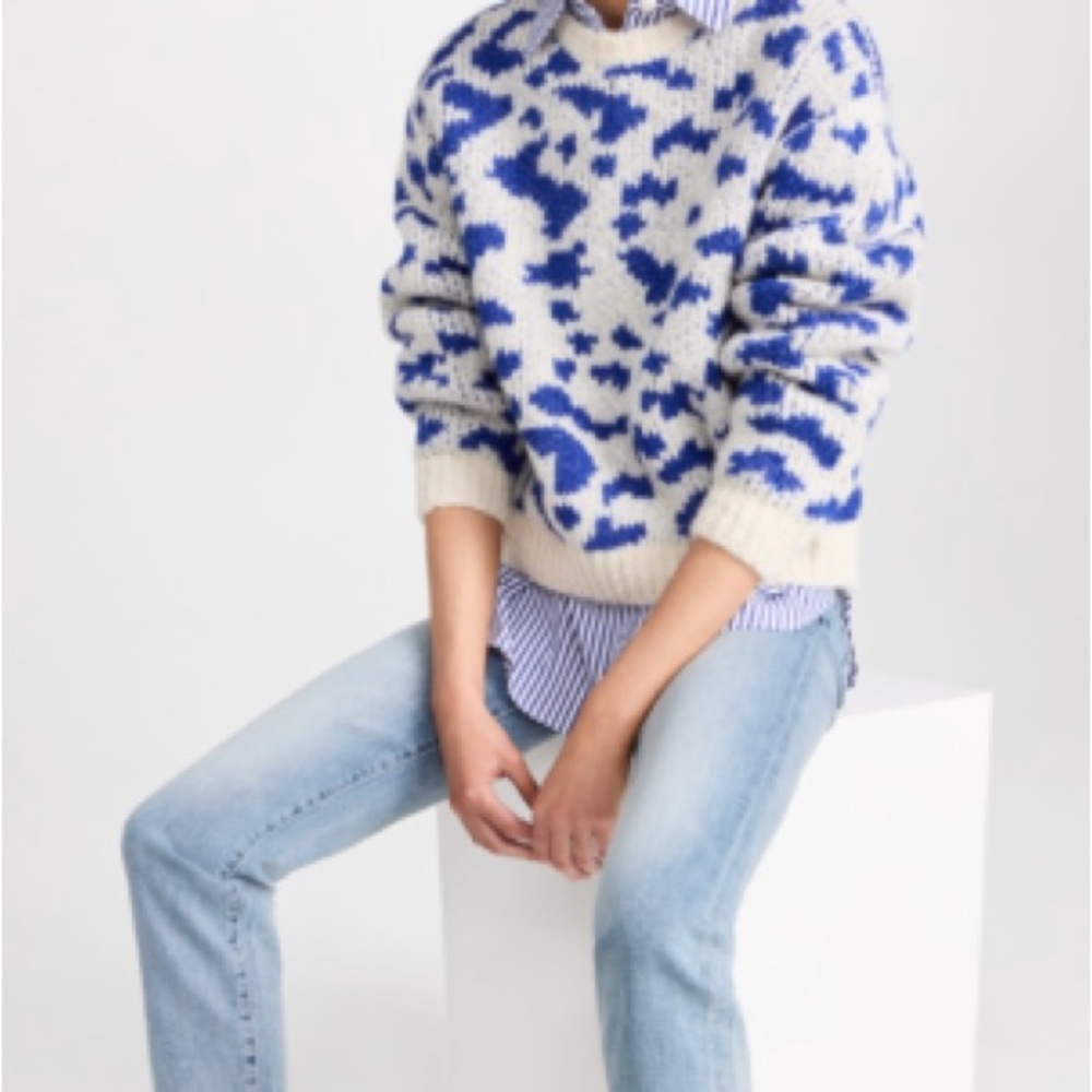 Mother Denim Alpaca Crop Jumper Feline Friends Blue White Small Relaxed Chunky